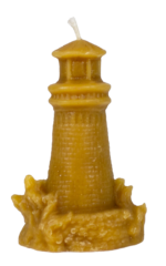 Back view of 100% natural beeswax lighthouse candle from Bee With Nature, displaying the detailed back design