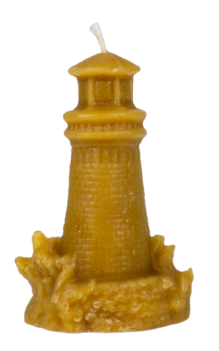 Back view of 100% natural beeswax lighthouse candle from Bee With Nature, displaying the detailed back design