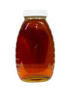 Back view of 16oz Bee With Nature organic raw honey jar displaying the product label with nutritional information