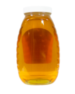 Back view of 32oz Bee With Nature organic raw honey jar displaying the product label with nutritional information