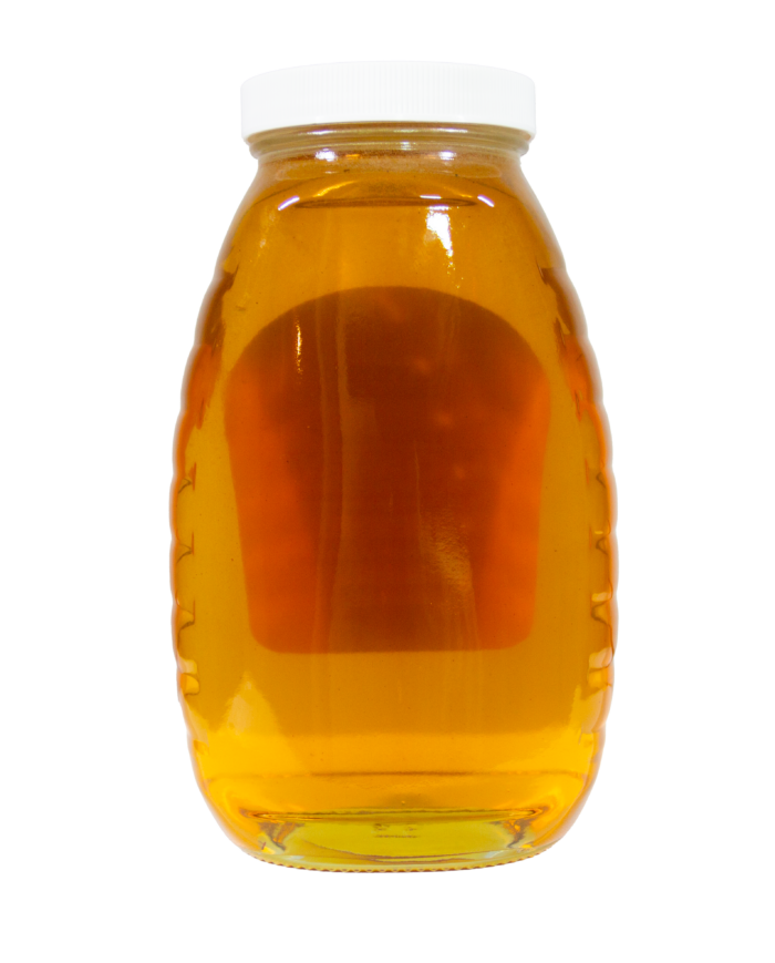 Back view of 32oz Bee With Nature organic raw honey jar displaying the product label with nutritional information