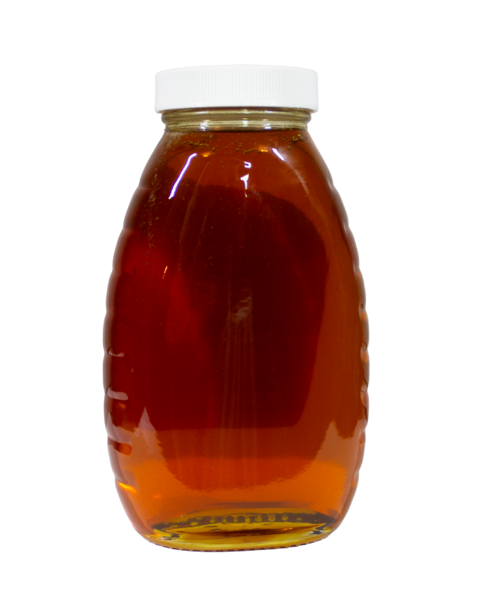 Back view of 16oz Bee With Nature organic raw honey jar displaying the product label with nutritional information