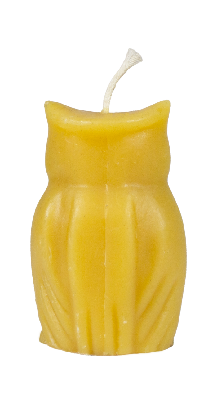 Back view of 100% natural beeswax owl candle from Bee With Nature, displaying the smooth and detailed back design