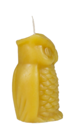 Side view of 100% natural beeswax owl candle from Bee With Nature, showing the detailed feather design