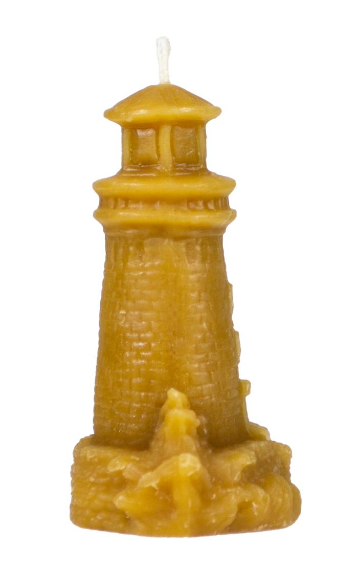 Side view of 100% natural beeswax lighthouse candle from Bee With Nature, showing the detailed design and craftsmanship