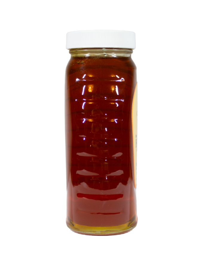 Side view of 16oz Bee With Nature organic raw honey jar showcasing the natural, unfiltered honey inside