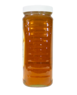 Side view of 32oz Bee With Nature organic raw honey jar showcasing the natural, unfiltered honey inside