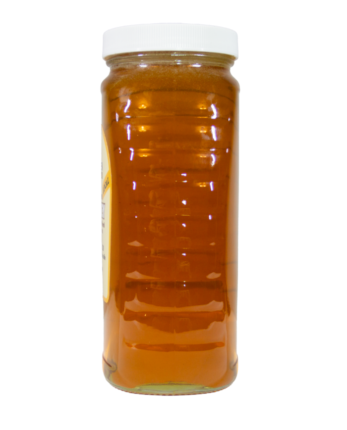 Side view of 32oz Bee With Nature organic raw honey jar showcasing the natural, unfiltered honey inside