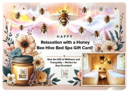 Gift card for Bee With Nature's hive-bed apitherapy, featuring a relaxing spa setting and bees in the background