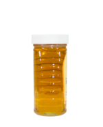 Side view of 8oz Bee With Nature organic raw honey jar showcasing the natural, unfiltered honey inside