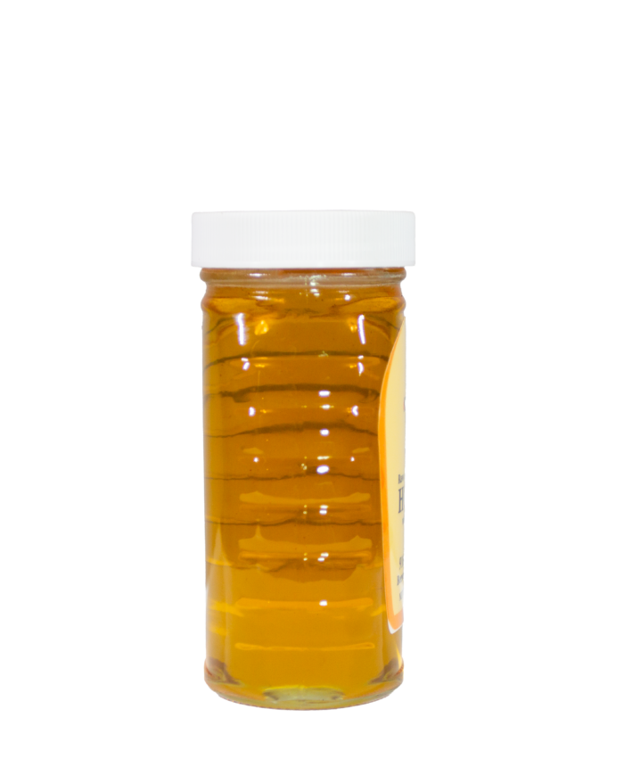 Side view of 8oz Bee With Nature organic raw honey jar showcasing the natural, unfiltered honey inside