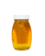 Back view of 8oz Bee With Nature organic raw honey jar displaying the product label with nutritional information