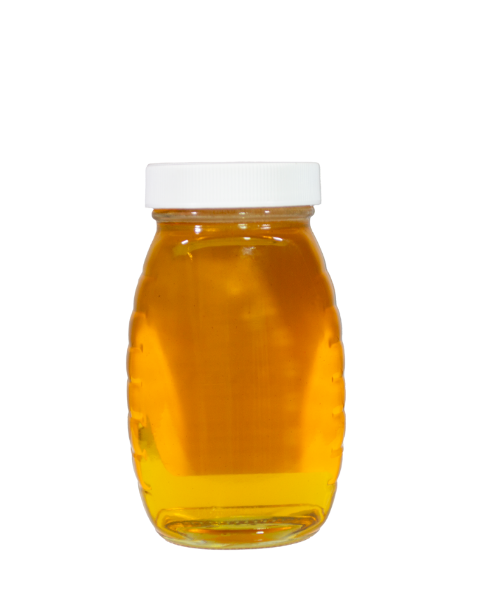 Back view of 8oz Bee With Nature organic raw honey jar displaying the product label with nutritional information