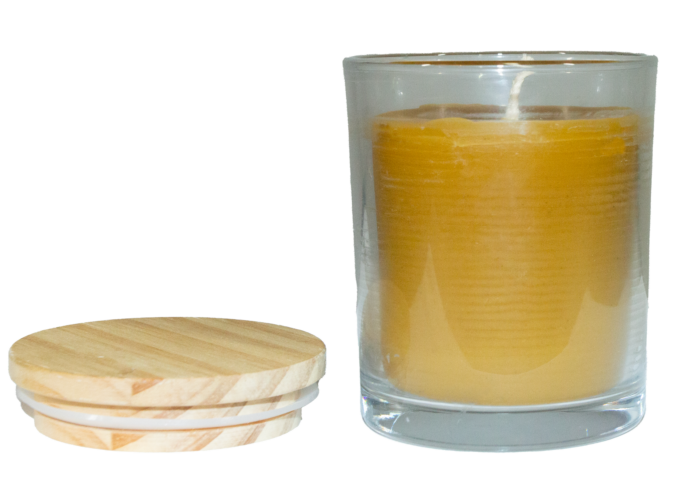 Bee With Nature 100% pure organic beeswax candle in a glass jar with the lid off